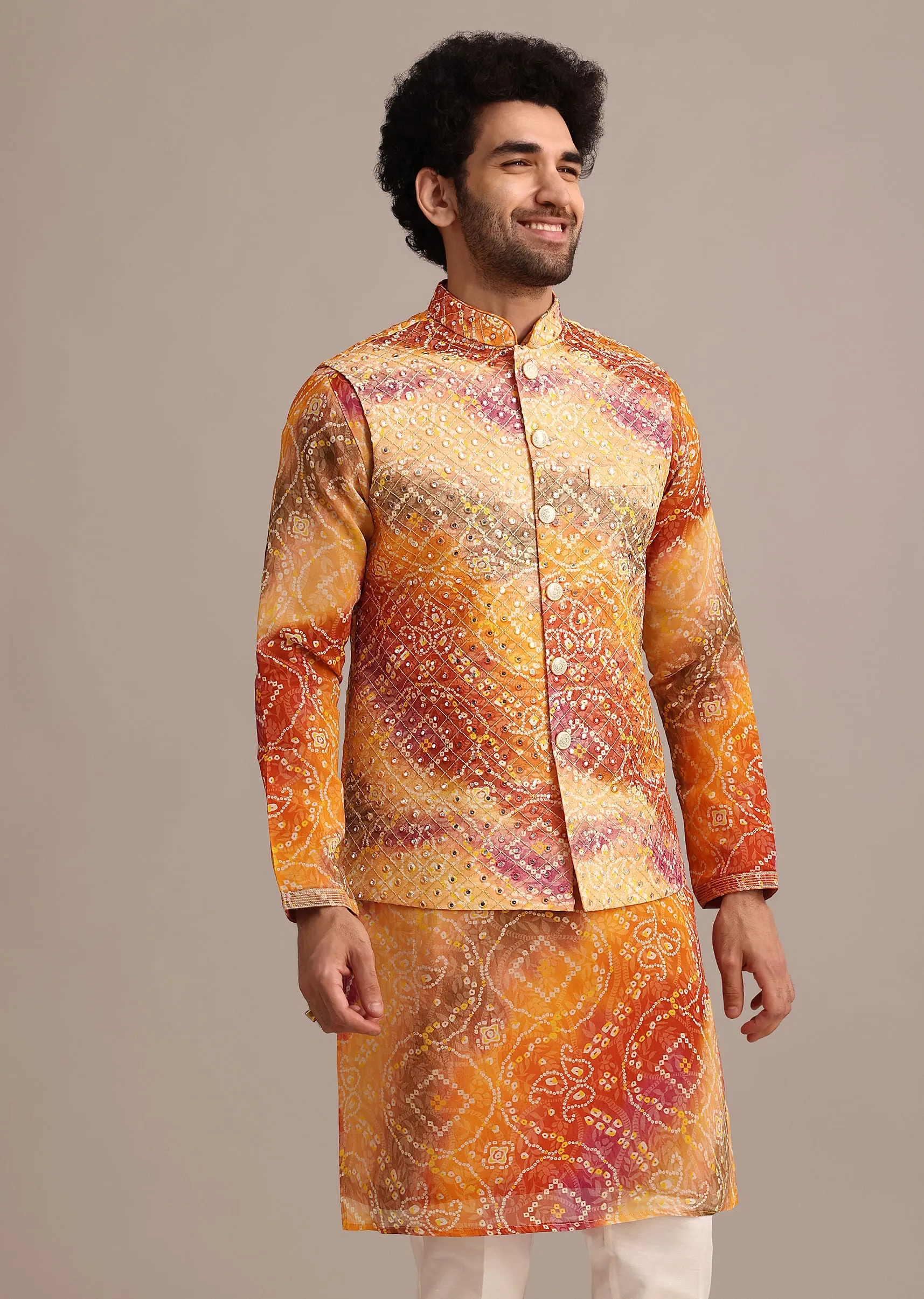 Orange Tie Dye Jacket Kurta And Jacket Set With Mirror Work