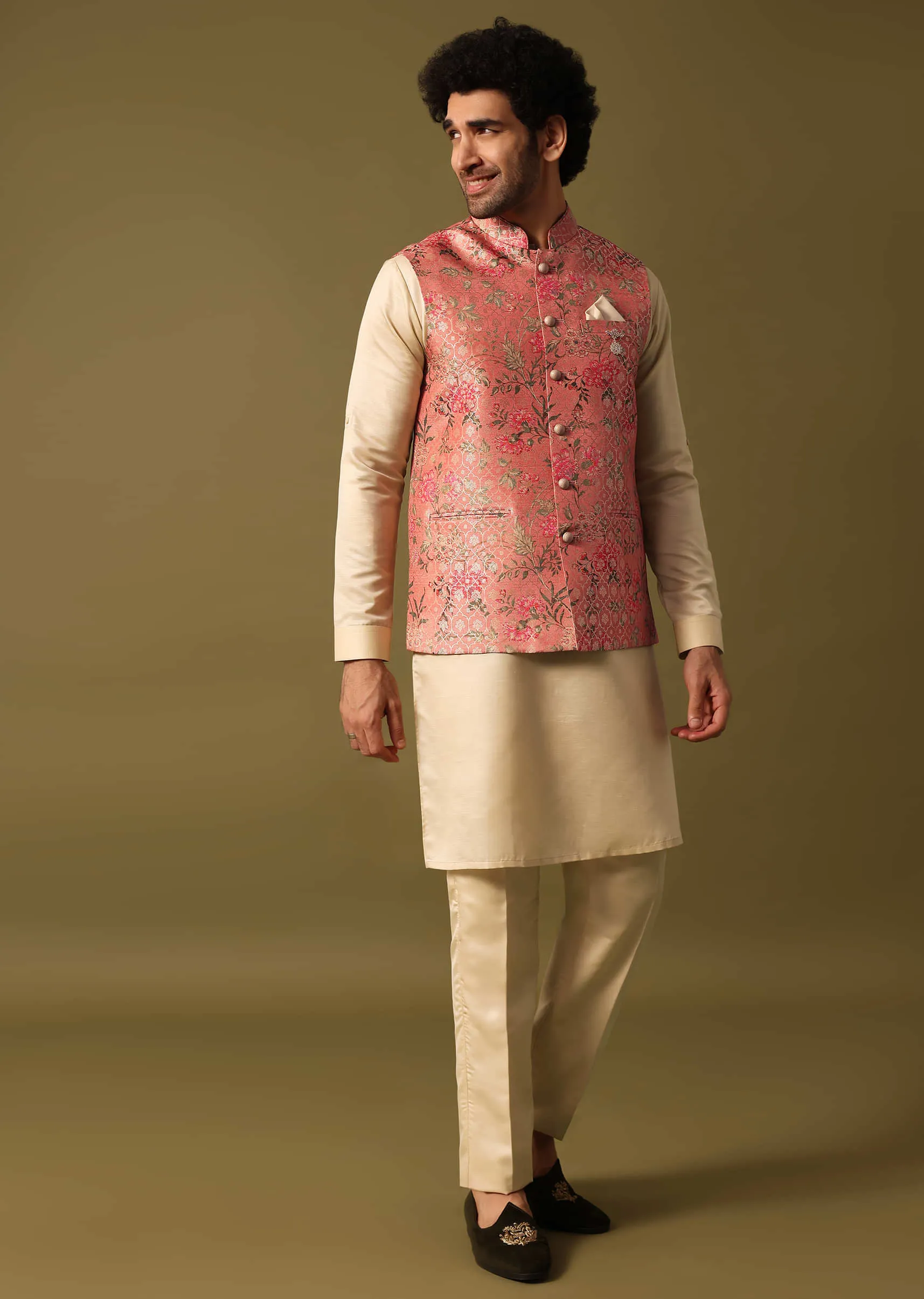 Peach Foil Printed Kurta Jacket Set For Men