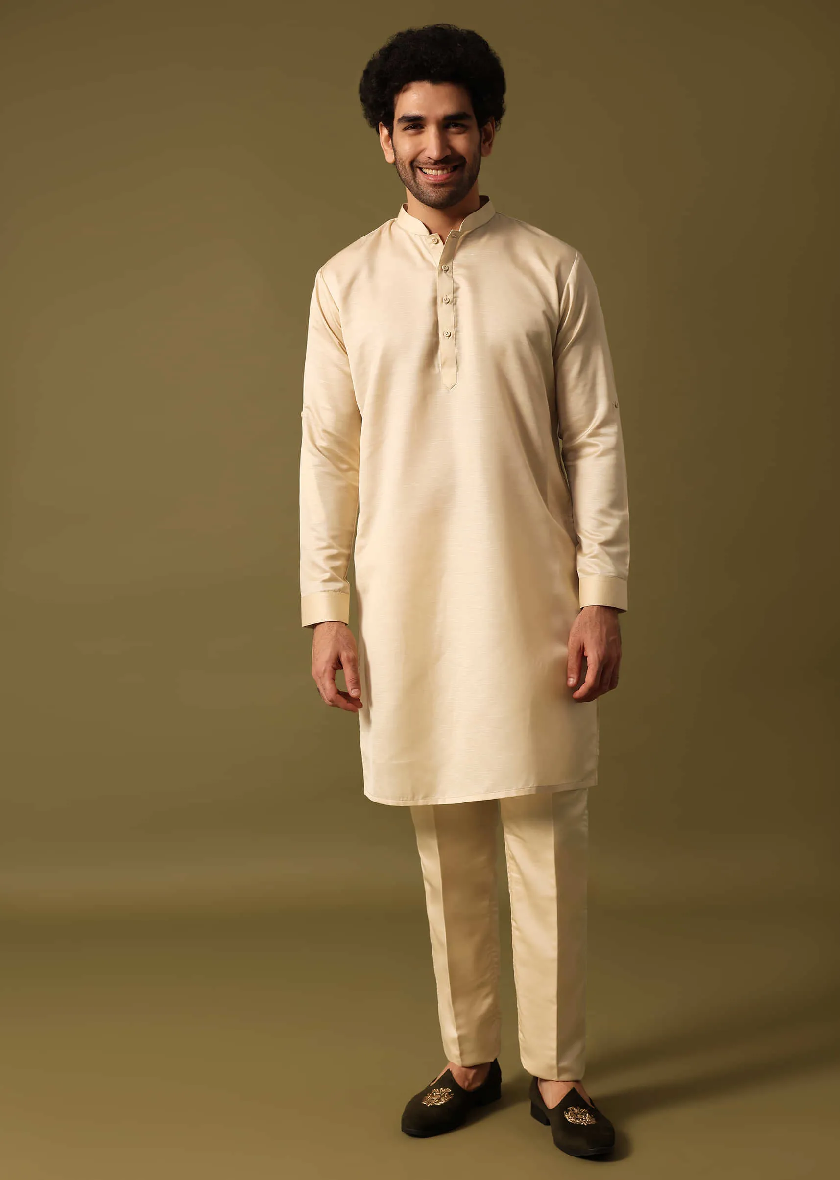 Peach Foil Printed Kurta Jacket Set For Men