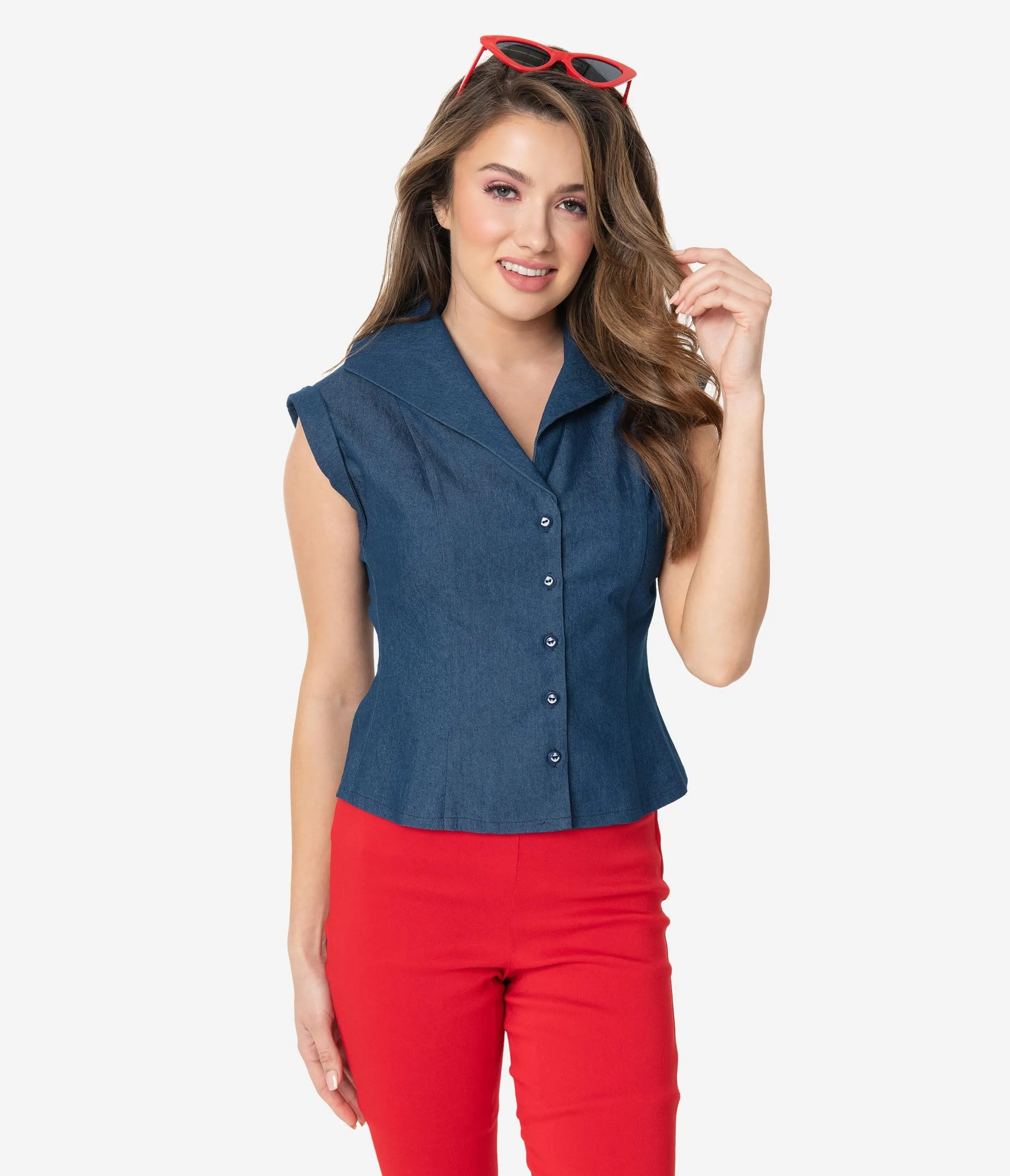 Retro Style Denim Blue Button Up Cap Sleeve Blouse