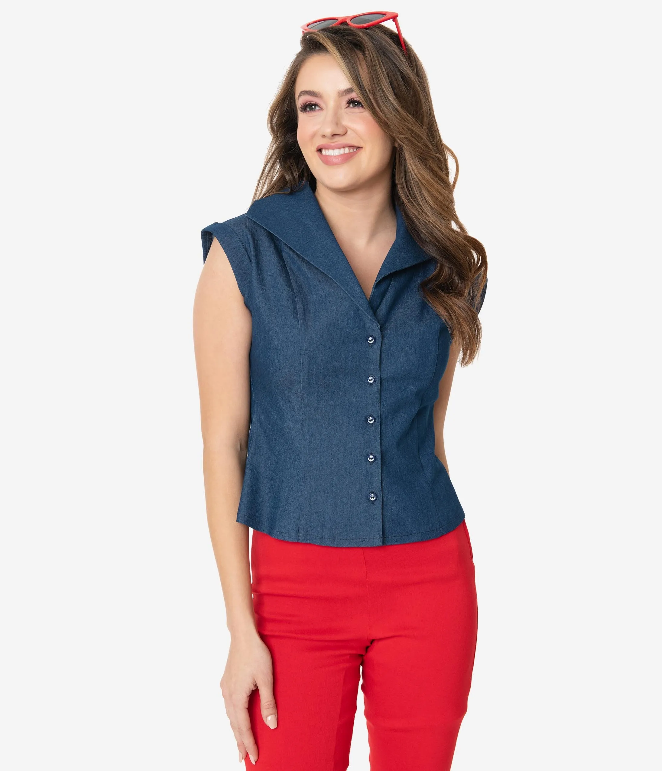 Retro Style Denim Blue Button Up Cap Sleeve Blouse