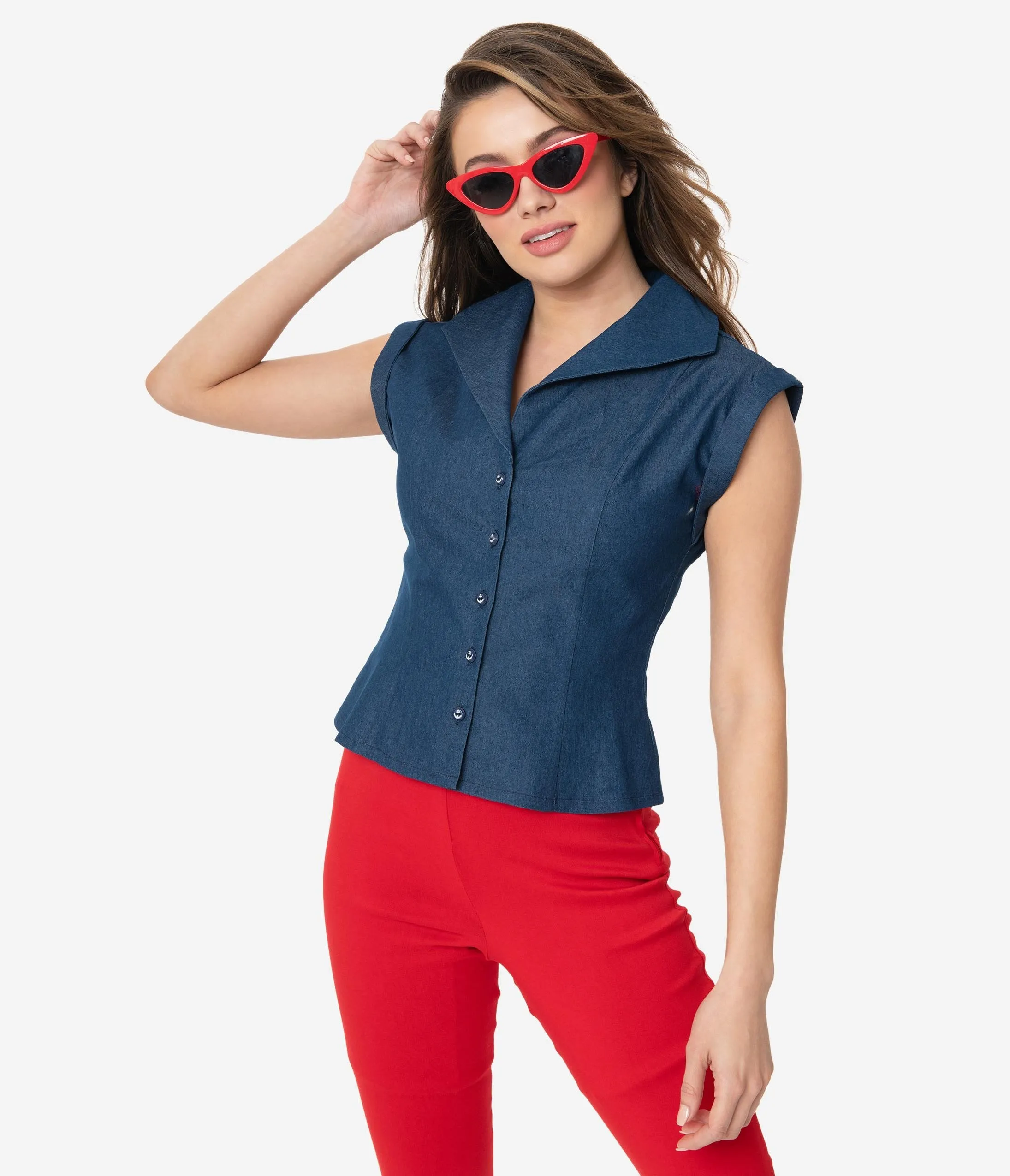 Retro Style Denim Blue Button Up Cap Sleeve Blouse