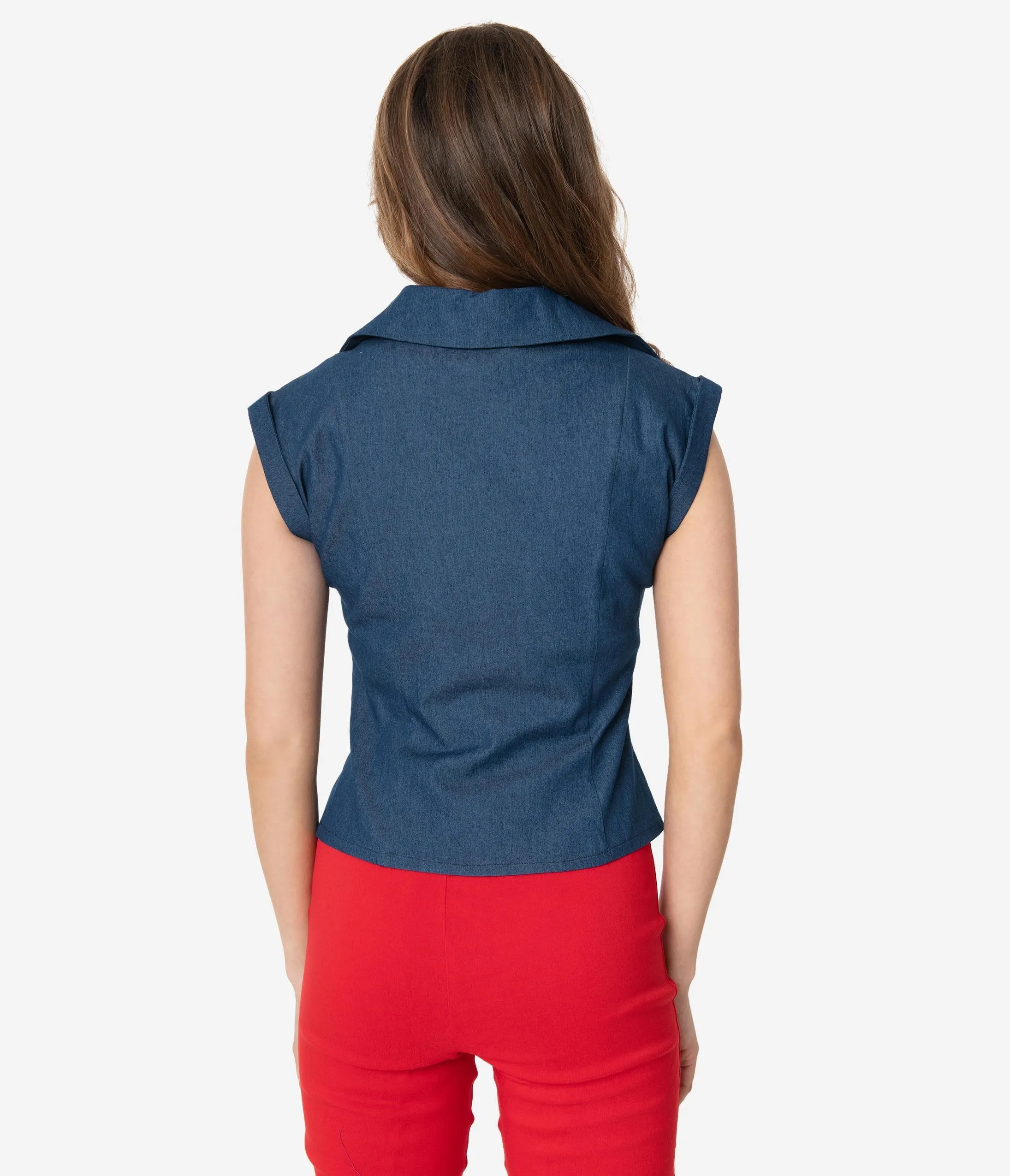 Retro Style Denim Blue Button Up Cap Sleeve Blouse