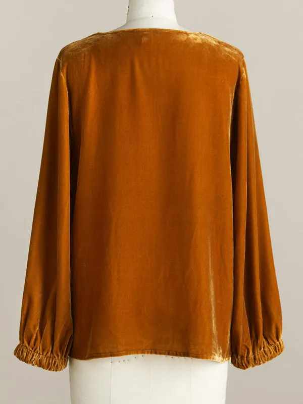 Shirt & Blouse - Gold Velvet Three-quarter Sleeve Elegant