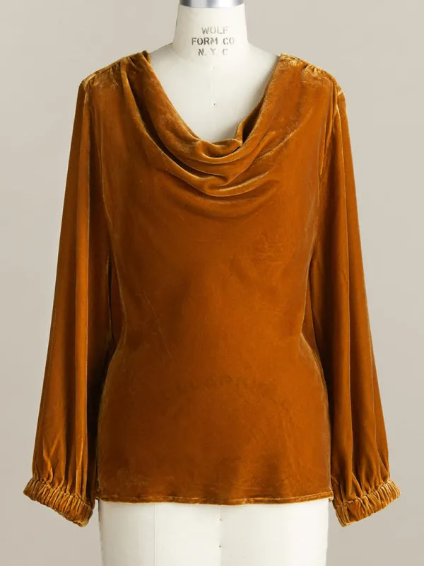 Shirt & Blouse - Gold Velvet Three-quarter Sleeve Elegant
