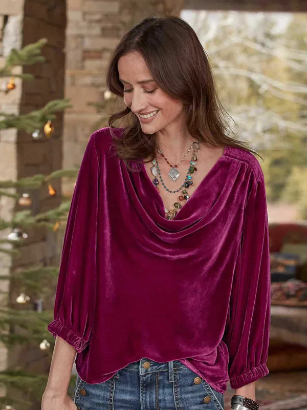 Shirt & Blouse - Gold Velvet Three-quarter Sleeve Elegant