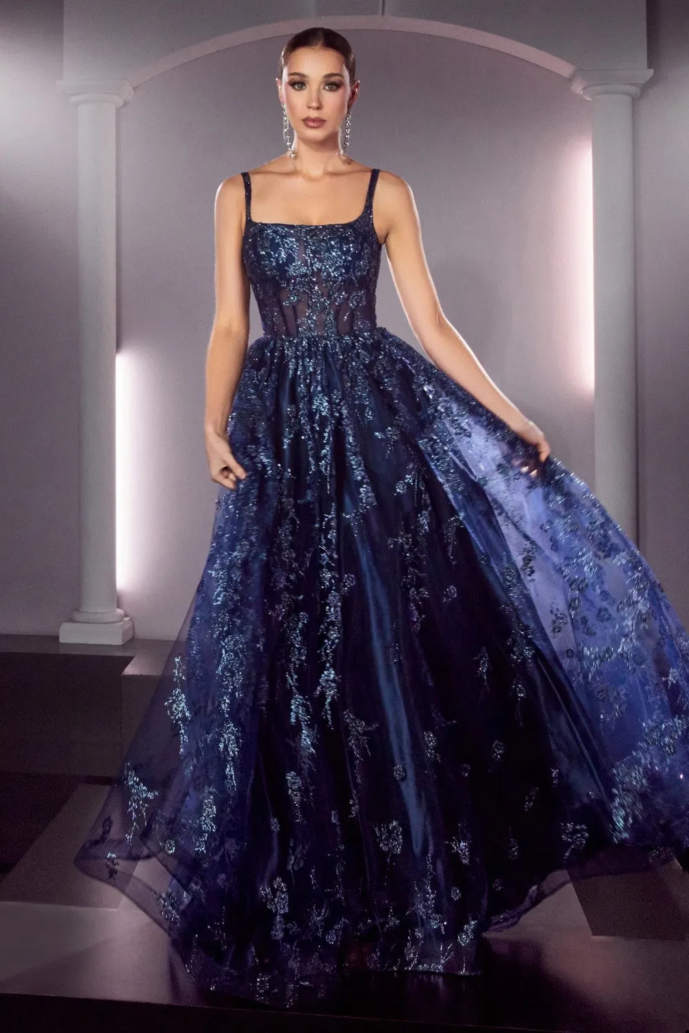 Sleeveless Glitter Print Embellishment A-Line Gown J840