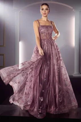 Sleeveless Glitter Print Embellishment A-Line Gown J840
