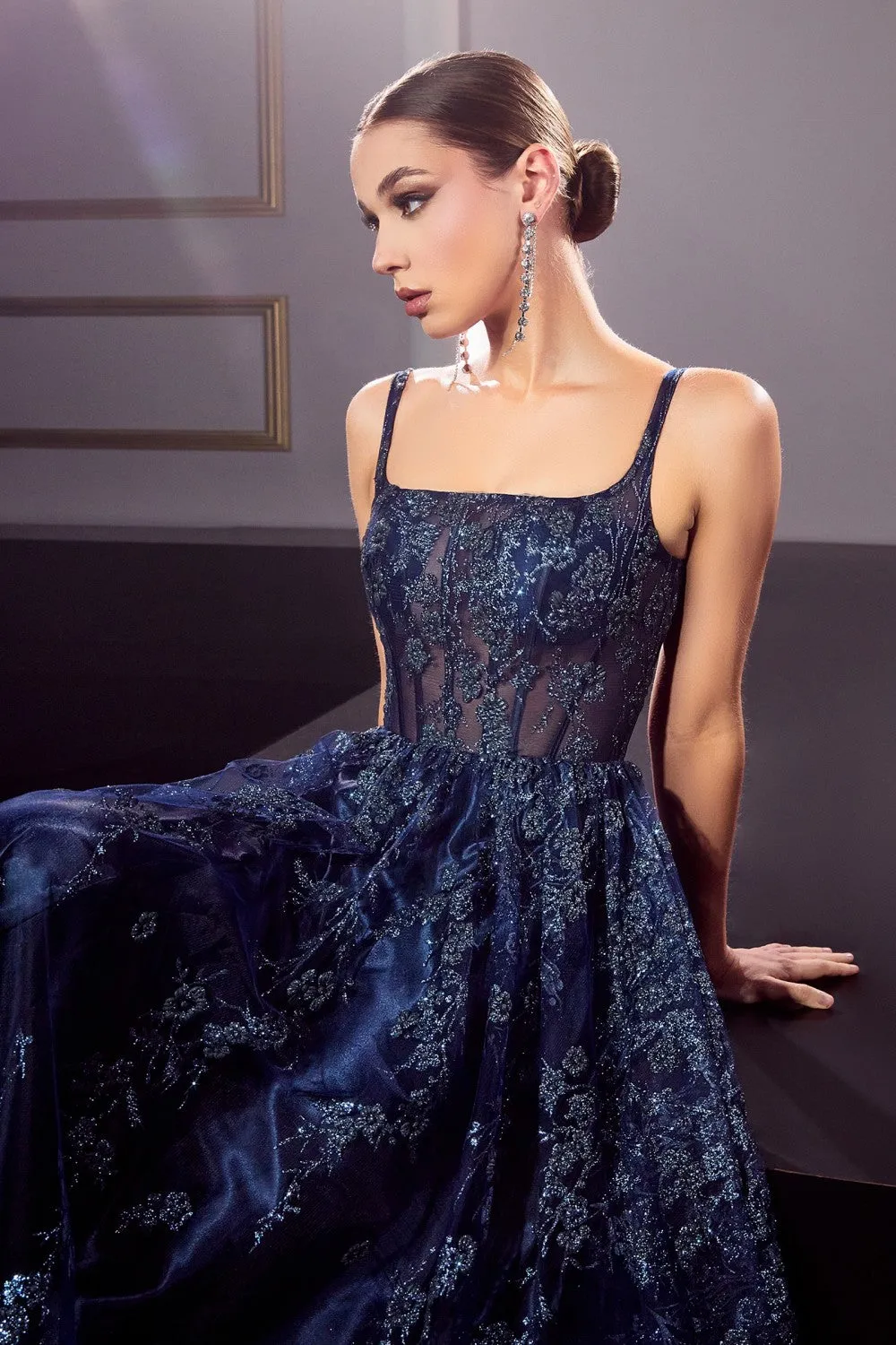 Sleeveless Glitter Print Embellishment A-Line Gown J840