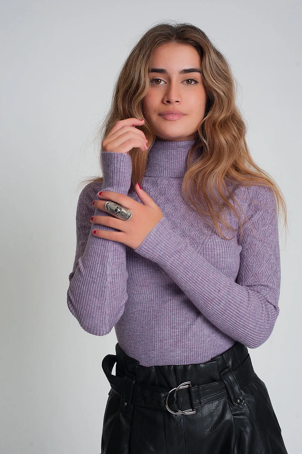 Soft knitted turtleneck fitted sweater in purple