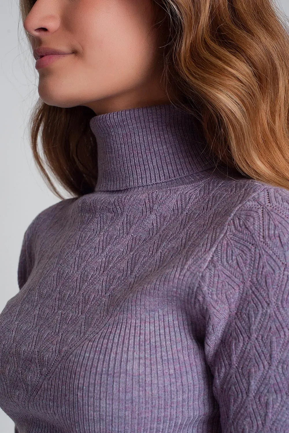 Soft knitted turtleneck fitted sweater in purple