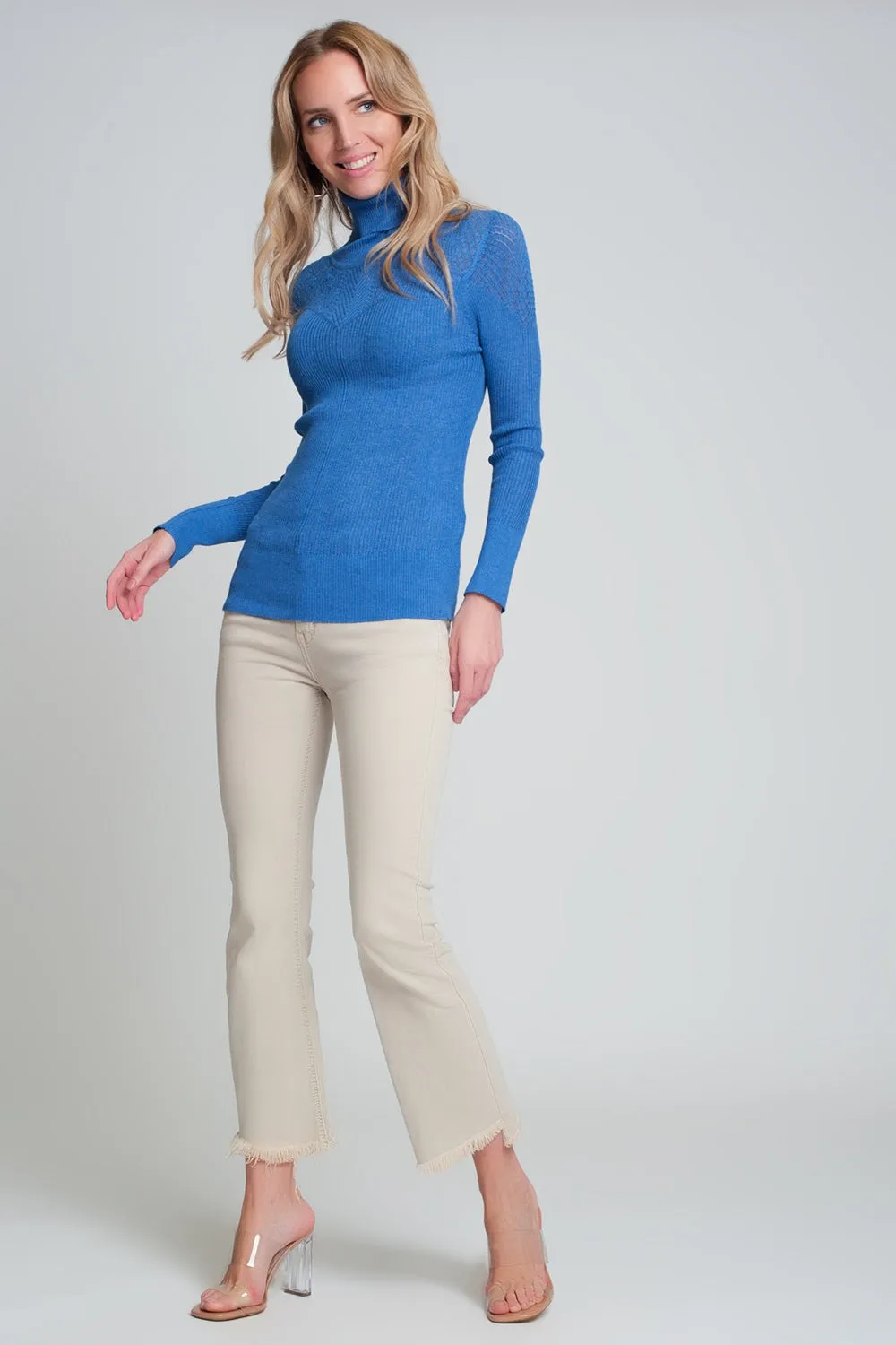 Soft ribbed sweater with turtleneck in blue