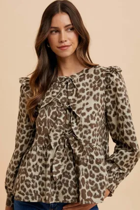 Tied Leopard Peplum Blouse