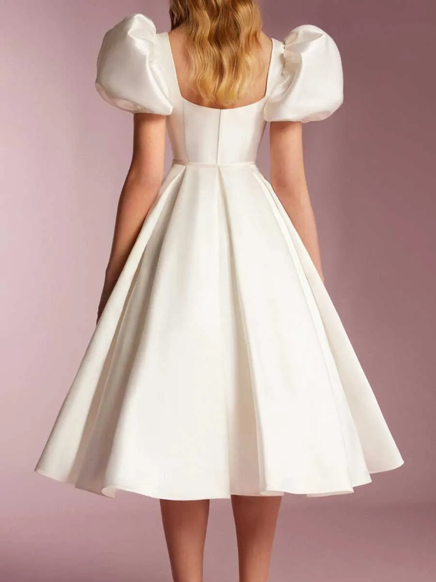 Vintage Tea Length Wedding Dresses A Line Puff Sleeve
