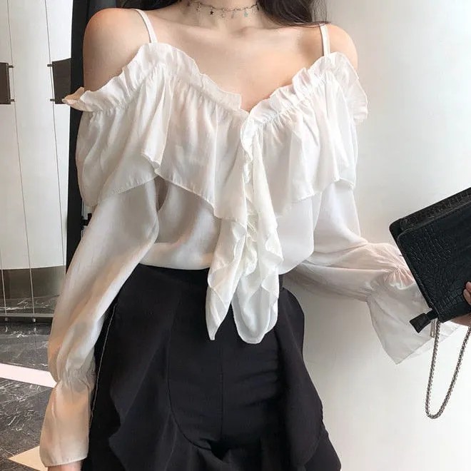 Voguable Off Shoulder Blouses Women Ruffles Sexy Party Design Stylish Ulzzang Solid Feminine Leisure All-match Spring Soft Popular Ins