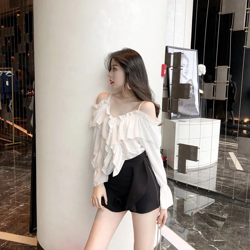 Voguable Off Shoulder Blouses Women Ruffles Sexy Party Design Stylish Ulzzang Solid Feminine Leisure All-match Spring Soft Popular Ins