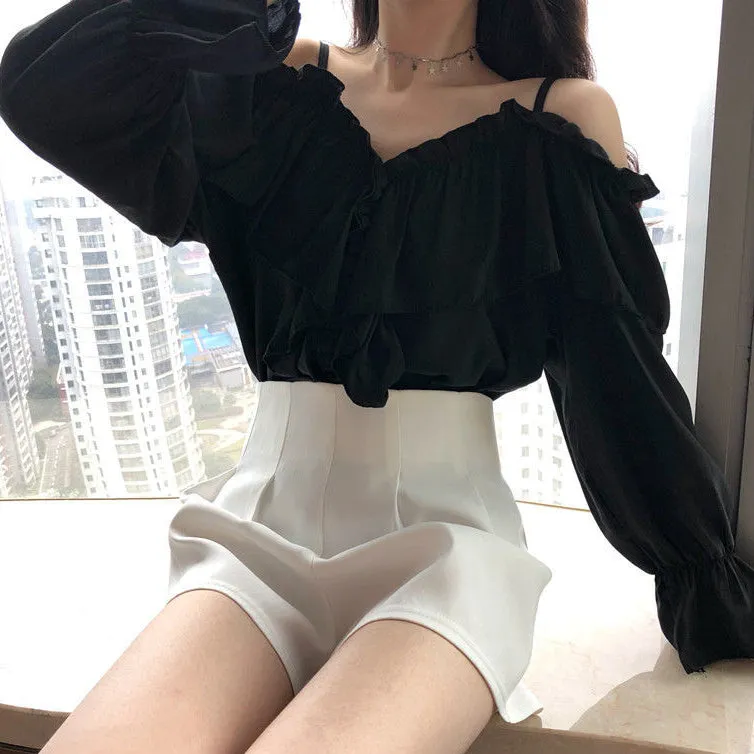 Voguable Off Shoulder Blouses Women Ruffles Sexy Party Design Stylish Ulzzang Solid Feminine Leisure All-match Spring Soft Popular Ins