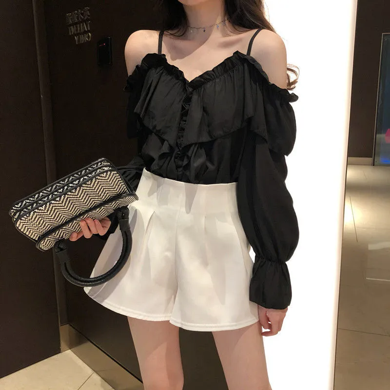Voguable Off Shoulder Blouses Women Ruffles Sexy Party Design Stylish Ulzzang Solid Feminine Leisure All-match Spring Soft Popular Ins