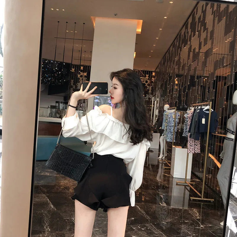 Voguable Off Shoulder Blouses Women Ruffles Sexy Party Design Stylish Ulzzang Solid Feminine Leisure All-match Spring Soft Popular Ins