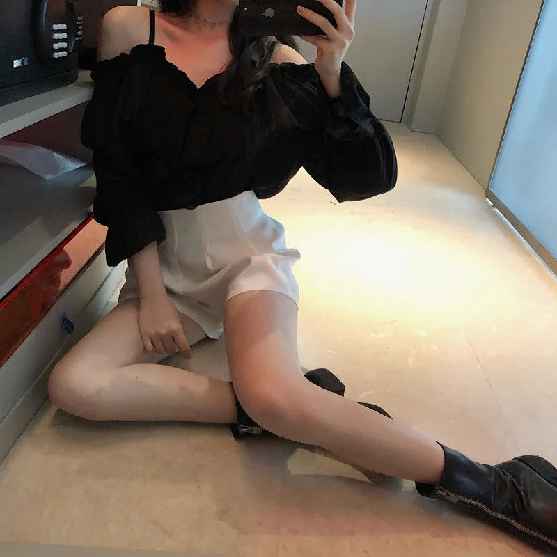 Voguable Off Shoulder Blouses Women Ruffles Sexy Party Design Stylish Ulzzang Solid Feminine Leisure All-match Spring Soft Popular Ins
