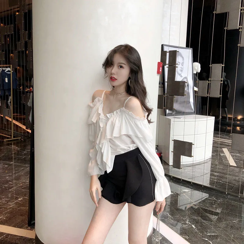 Voguable Off Shoulder Blouses Women Ruffles Sexy Party Design Stylish Ulzzang Solid Feminine Leisure All-match Spring Soft Popular Ins