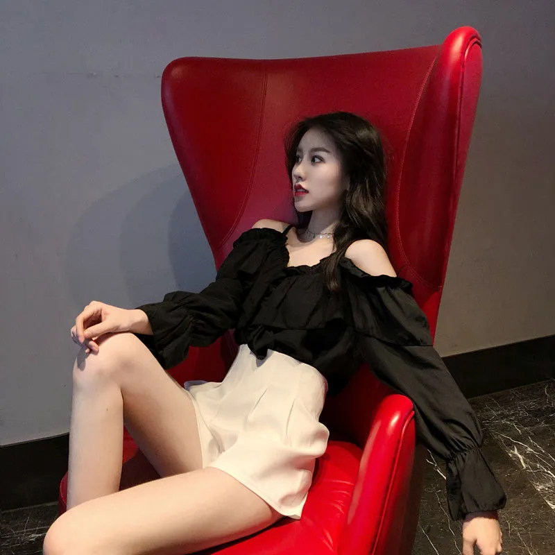 Voguable Off Shoulder Blouses Women Ruffles Sexy Party Design Stylish Ulzzang Solid Feminine Leisure All-match Spring Soft Popular Ins
