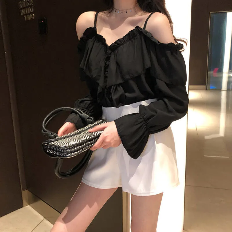 Voguable Off Shoulder Blouses Women Ruffles Sexy Party Design Stylish Ulzzang Solid Feminine Leisure All-match Spring Soft Popular Ins