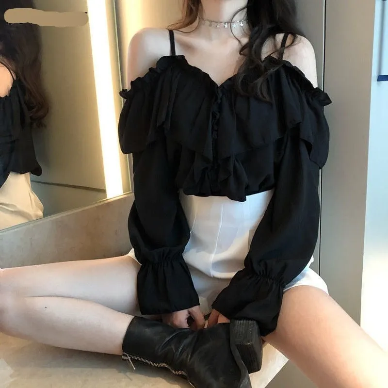 Voguable Off Shoulder Blouses Women Ruffles Sexy Party Design Stylish Ulzzang Solid Feminine Leisure All-match Spring Soft Popular Ins