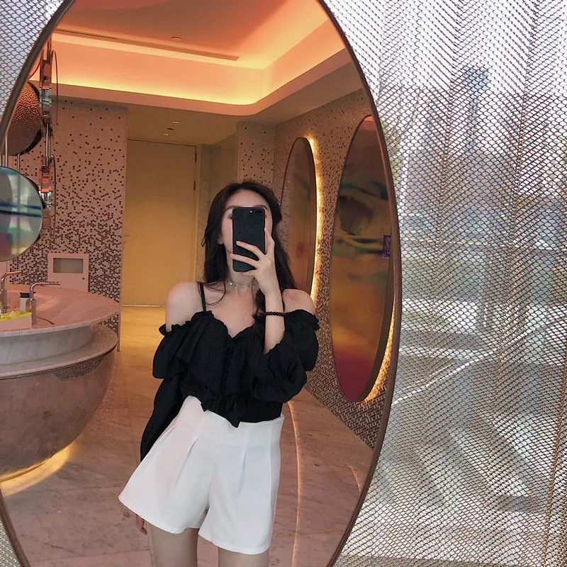 Voguable Off Shoulder Blouses Women Ruffles Sexy Party Design Stylish Ulzzang Solid Feminine Leisure All-match Spring Soft Popular Ins