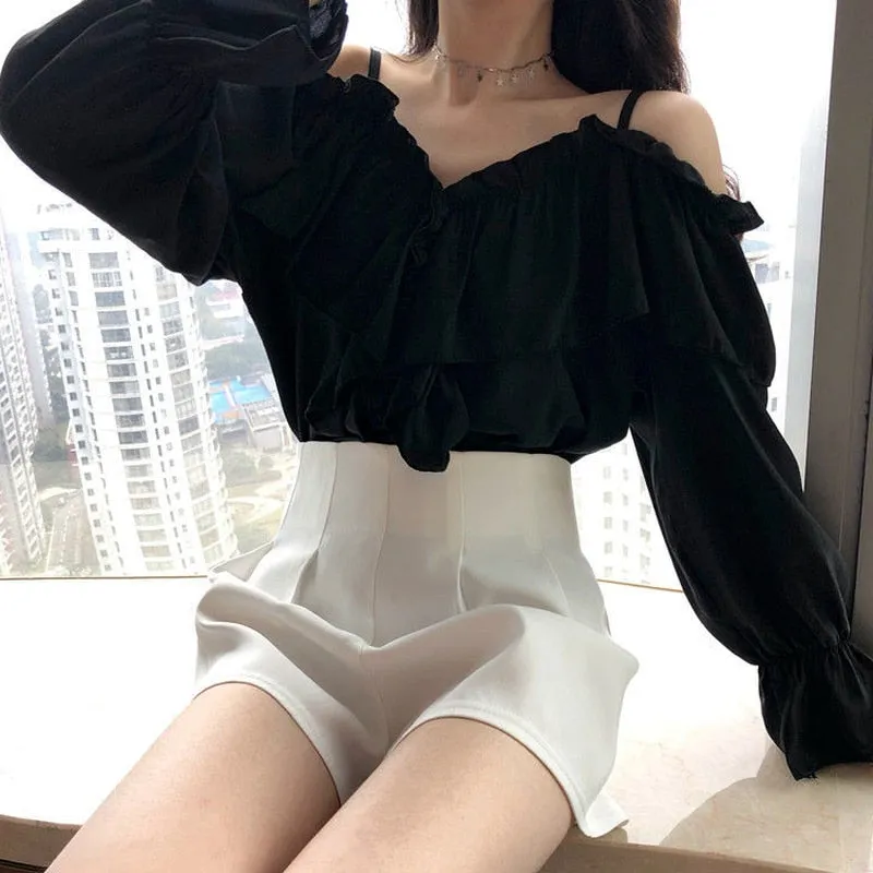 Voguable Off Shoulder Blouses Women Ruffles Sexy Party Design Stylish Ulzzang Solid Feminine Leisure All-match Spring Soft Popular Ins
