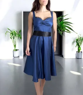 Women's Blue Dress - Blue Satin Tea Length Dress with Black Ribbon Sash, Bridesmaid, Prom, Cocktail Party