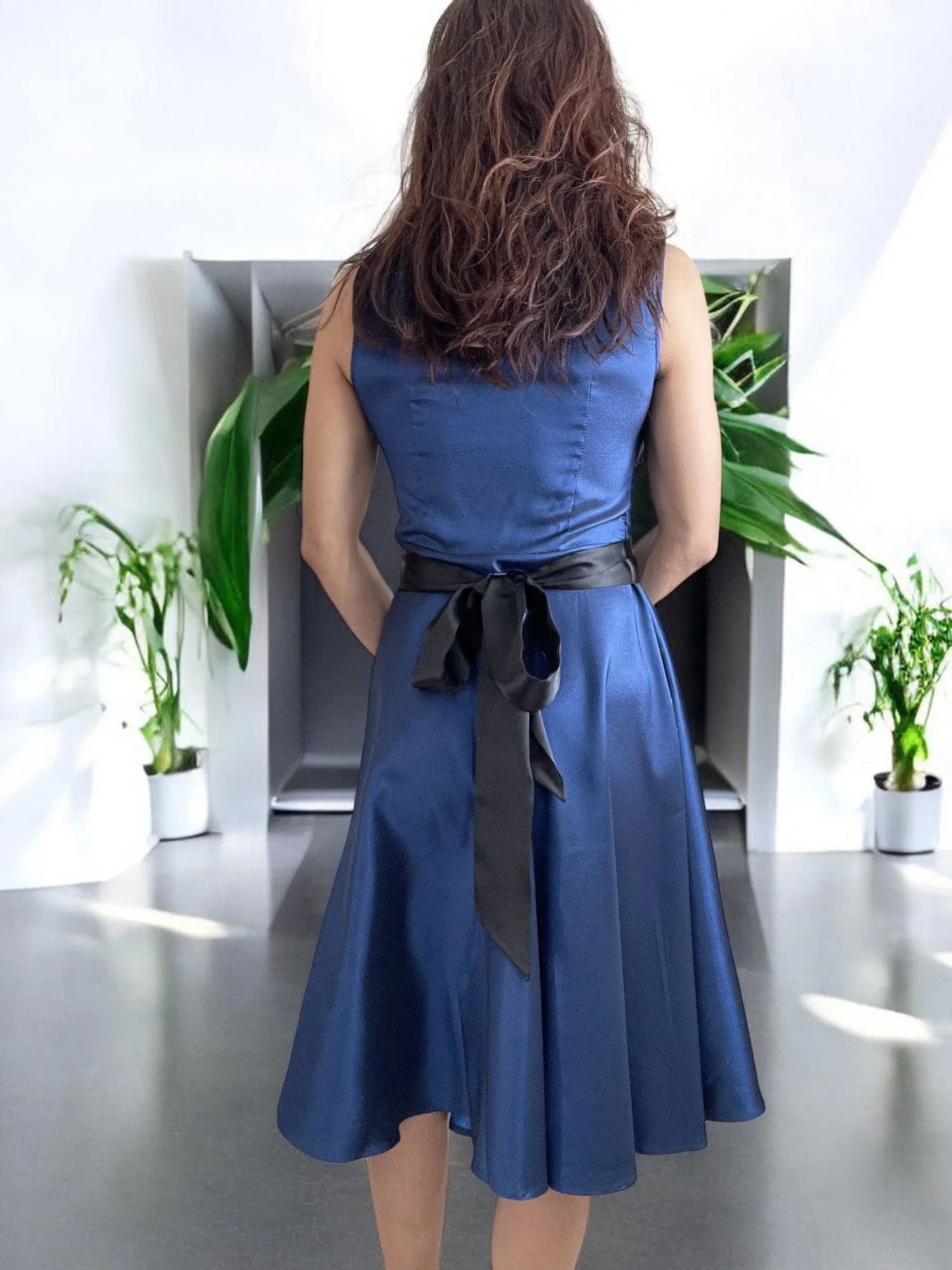 Women's Blue Dress - Blue Satin Tea Length Dress with Black Ribbon Sash, Bridesmaid, Prom, Cocktail Party