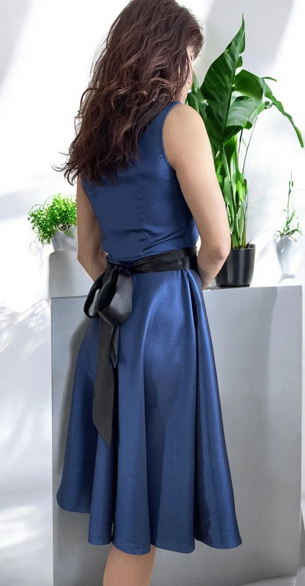 Women's Blue Dress - Blue Satin Tea Length Dress with Black Ribbon Sash, Bridesmaid, Prom, Cocktail Party